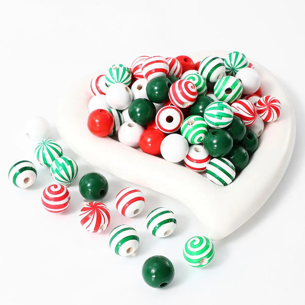 iYOE 20pcs 16mm Candy Pattern Red Green Stripes Solid Colored Spacer Wooden Beads for Jewelry Making Christmas Necklace Bracelet