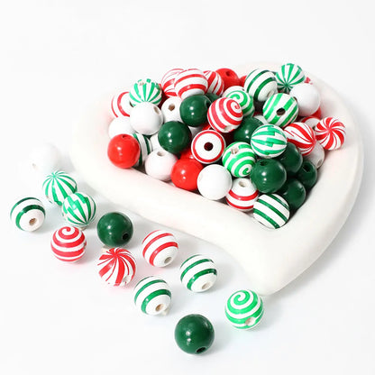 iYOE 20pcs 16mm Candy Pattern Red Green Stripes Solid Colored Spacer Wooden Beads for Jewelry Making Christmas Necklace Bracelet