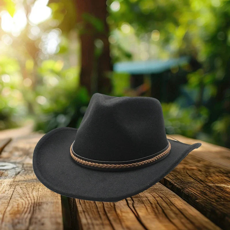 Chapeaux de cowboy classiques pour femmes et hommes, chapeaux de cowgirl rétro en feutre à large bord avec bande décorative