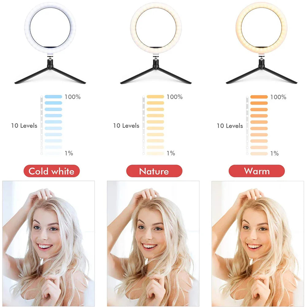 Anneau lumineux LED pour Selfie, lampe chaude et froide avec trépied, télécommande USB à intensité variable pour téléphone, vidéo, lampe de remplissage en direct