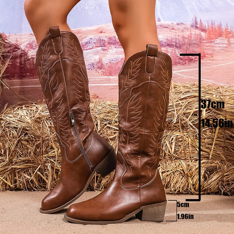 Bottes de Cowboy brodées occidentales rétro pour femmes, bout rond, talon épais, hauteur des genoux, automne hiver, Botas longues en cuir PU