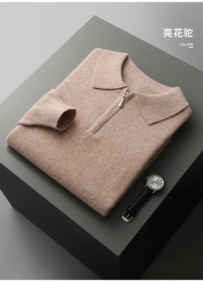 Autumn and Winter New Cashmere Sweater Men's 100% Merino Wool Pullover Casual Loose POLO Knitted Bottom Shirt Jacket Shirt