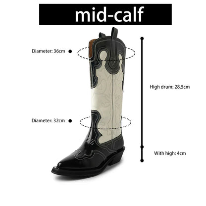 Bottes de cowboy Western Ods pour femmes en cuir véritable brodé, bout pointu, mi-mollet, style rétro, décontractées, de haute qualité