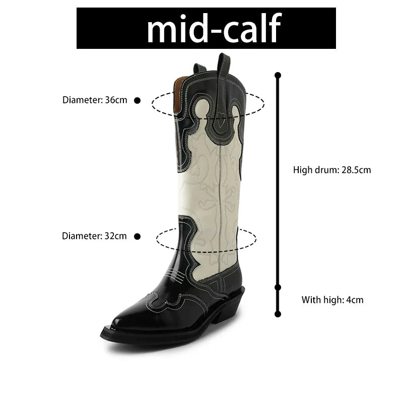 Ods Cowboy Western Boots For Women Real Leather Embroidered Pointed Toe Mid-calf Western Boot Retro Fashion Casual High Quality
