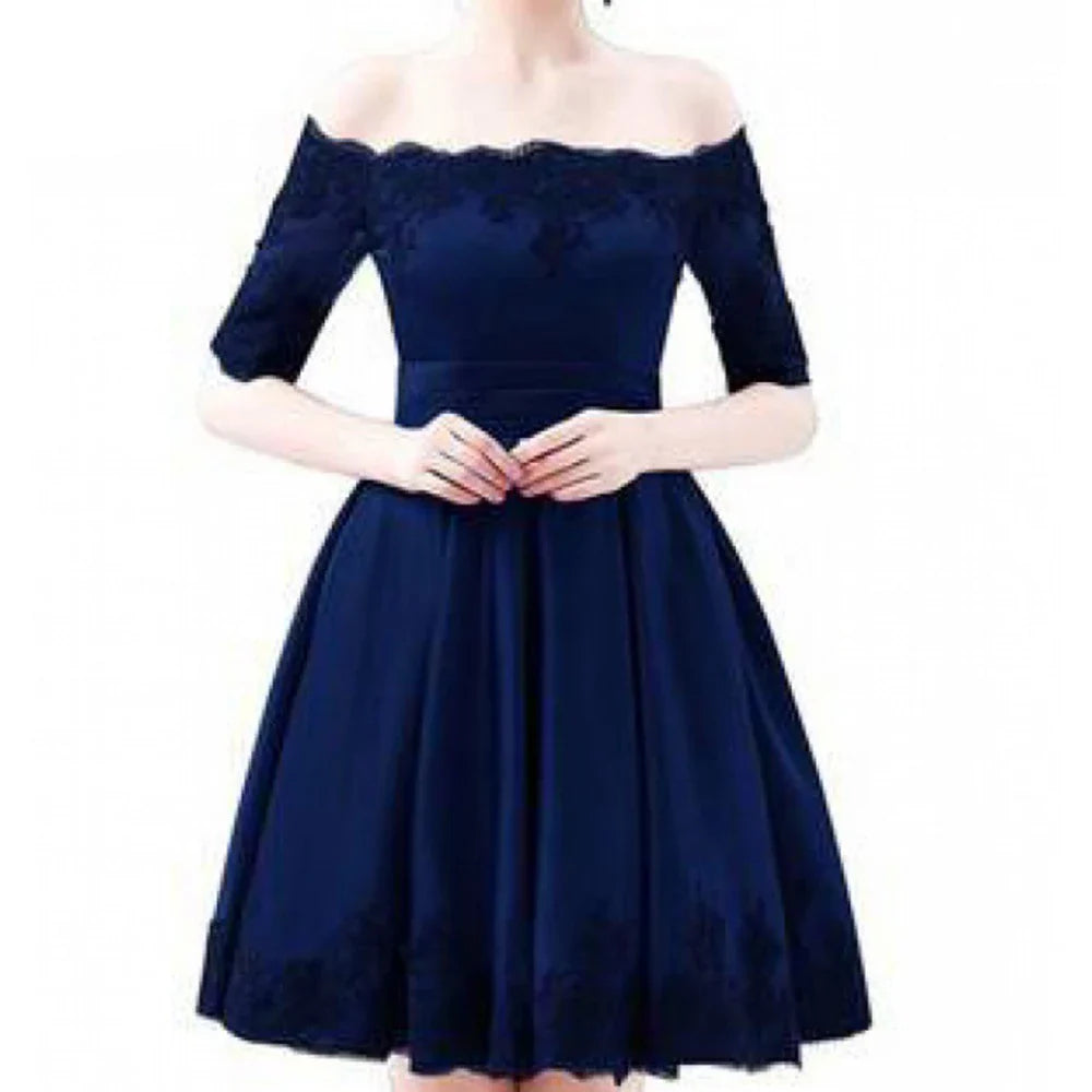 Élégantes robes de soirée épaules dénudées courtes en satin ligne A robe de cocktail avec demi-manches robe de soirée robes de bal