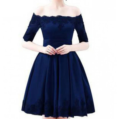 Élégantes robes de soirée épaules dénudées courtes en satin ligne A robe de cocktail avec demi-manches robe de soirée robes de bal