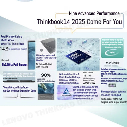 【2025 New】Lenovo ThinkBook 14+ Laptop U5-225H/U7-255H/U9-285H Arc 130T/140T 14.5inch 3K 120Hz Matte Screen