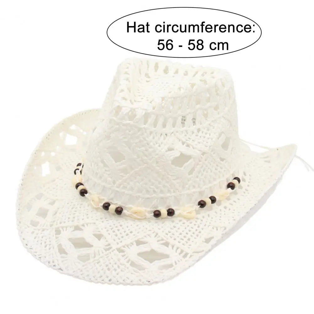 Chapeau de cowboy en paille pour hommes et femmes, chapeau de cow-girl occidental avec bord façonnable, chapeau de paille rétro tissé ajouré, chapeaux de soleil côtiers de plage