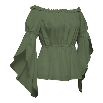 Women's Renaissance Ruffle Blouses, Ruched Sleeve Pleated Blouse, Off Shoulder Boat Neck Medieval Shirt, Victorian Shirt