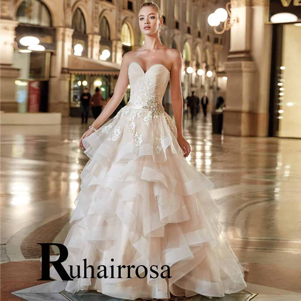 Ruhair Exquisite Ball Gown Wedding Dresses Appliques Lace Square Collar Full Sleeves Draped Robe De Mariée Engagement Plus