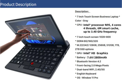 Ordinateur portable de poche 7 pouces N95 Notebook Écran tactile Netbook portable Win 11 Pro 16 Go + 1 To Mini PC Micro-ordinateur Bluetooth 4.2