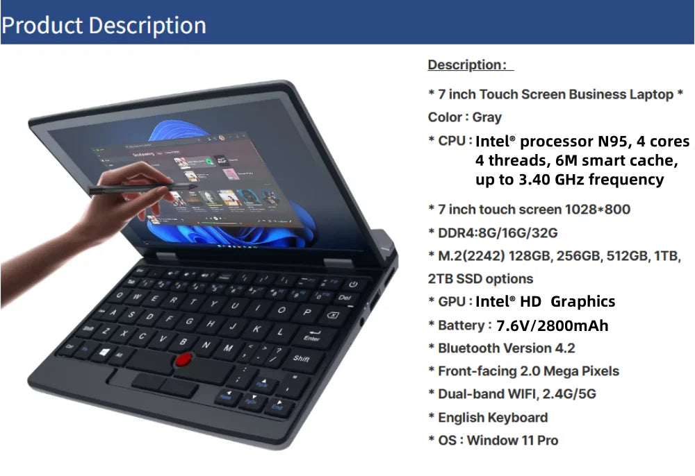 7 inch Mini Laptop Intel Procesador N95 16G RAM 256GB SSD With Touch Screen Pocket Netbook Windows 11 Notebook Pc Portable