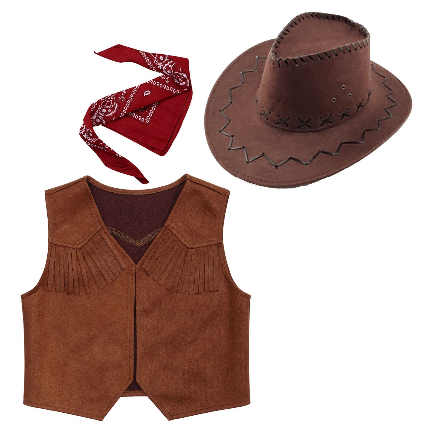 Gilet de Cowboy Western Wild West pour Garçons, Costume de Cosplay Hippie, Décor Frangé sur l'Ourlet, Gilet Ouvert sur le Devant avec Bandana et Chapeau en Feutre à Cordon de Serrage