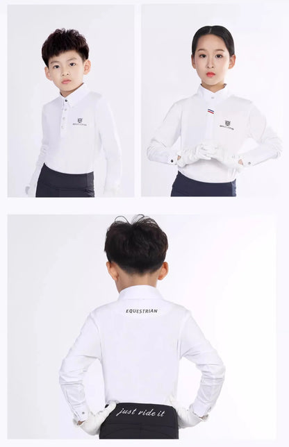 Baslong Vêtements d'équitation pour enfants T-shirt haut à manches longues Protection solaire respirant Polo Filles Compétition d'équitation Vêtements de chevalier