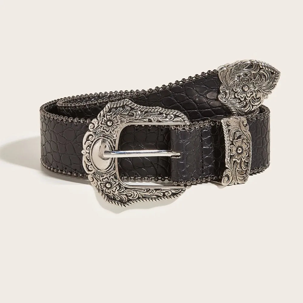 Ceinture Western en Cuir PU Femme Homme Cowboys Unisexe avec Boucle Métallique Gravée