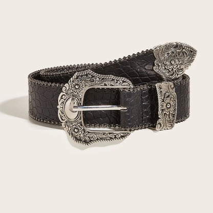 Ceinture Western en Cuir PU Femme Homme Cowboys Unisexe avec Boucle Métallique Gravée