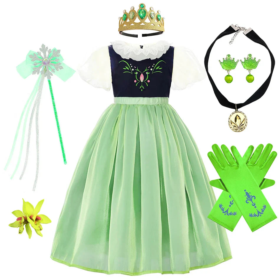 Robe de princesse de cosplay Anna pour filles, costume en maille à manches lanternes, pour fête d'anniversaire, carnaval, Halloween, robe de bal pour enfants