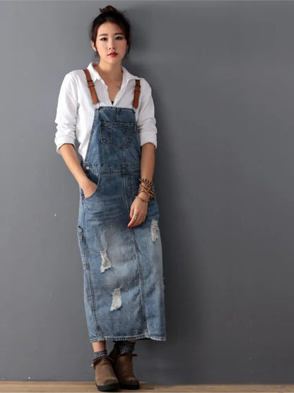 Robe longue en jean décontractée pour femmes, robe en jean délavé avec trous, robe en jean déchiré vintage à bretelles pour femmes