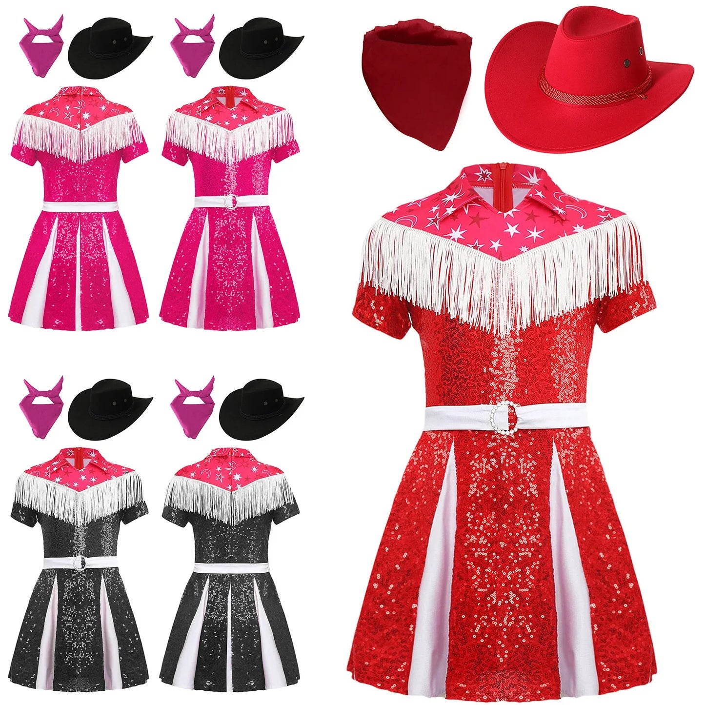 Déguisement de cow-girl pour enfants filles, robe à franges et paillettes avec chapeau de cowboy et bandana, tenue de fête de carnaval d'Halloween