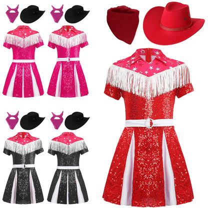Déguisement de cow-girl pour enfants filles, robe à franges et paillettes avec chapeau de cowboy et bandana, tenue de fête de carnaval d'Halloween