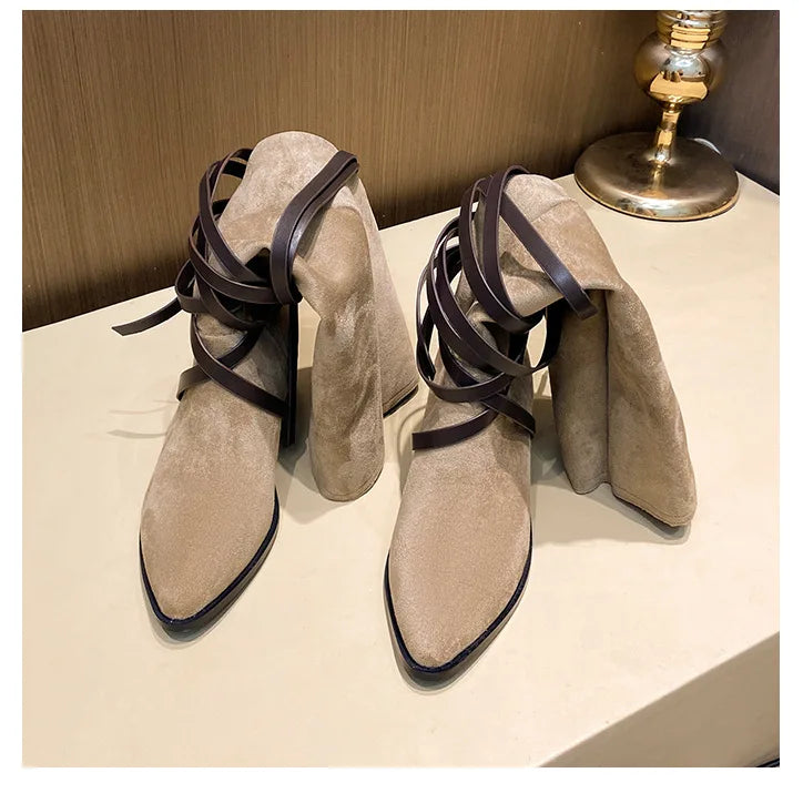 Matte Leather Gothic Western Cowboy Boots Women's Fashion Autumn New Style Pointed Toe Lace-up Retro High Top Flat Heel Boots