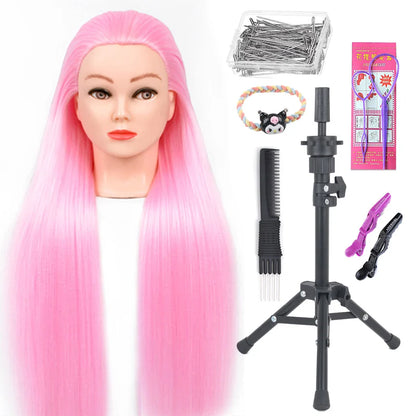 Tête de mannequin à cheveux longs synthétiques avec support de trépied de perruque réglable Modèle avec tête de mannequin Formation de coiffeur coiffant