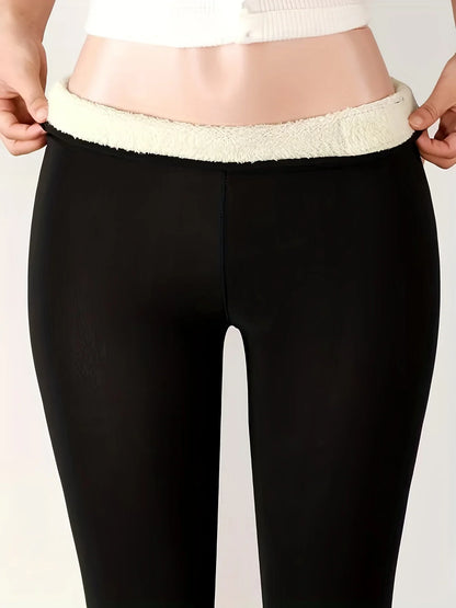 Leggings d'hiver épais pour femmes, doublés polaire chaude, pantalon thermique simple et tendance, leggings noirs amincissants, taille haute élastique, couleur unie