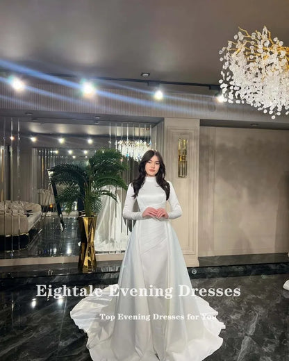 Eightale Arabic Wedding Dress High Neck Customized White Ivory Mermaid Long Sleeves Muslim Satin Bridal Gown Robe De Mariée