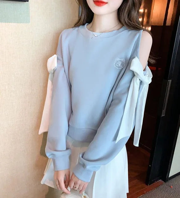 Sweat-shirt à épaules dénudées pour femmes, mode Harajuku, vêtements pour jeunes, Sport essentiel, nouveau, basique, bleu, hauts pull pour femmes