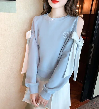 Sweat-shirt à épaules dénudées pour femmes, mode Harajuku, vêtements pour jeunes, Sport essentiel, nouveau, basique, bleu, hauts pull pour femmes