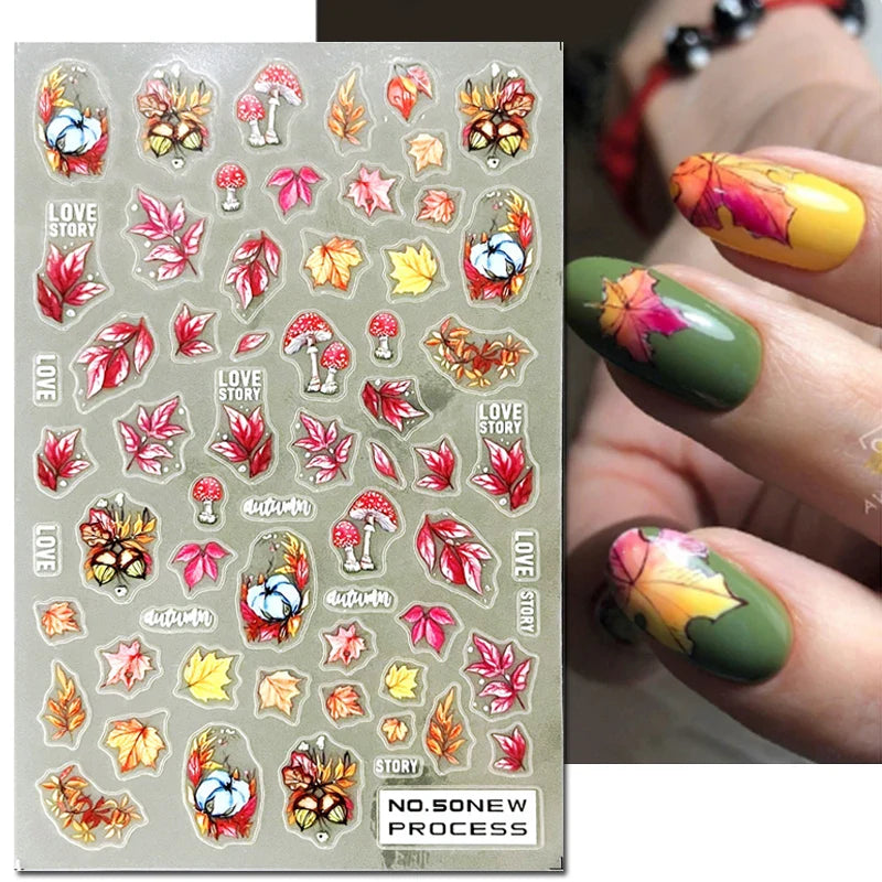 Autocollants 3D pour ongles Hiver Automne Feuilles dorées Roses Rouges Fleurs Décalcomanies pour la décoration des ongles Salon de manucure Beauté