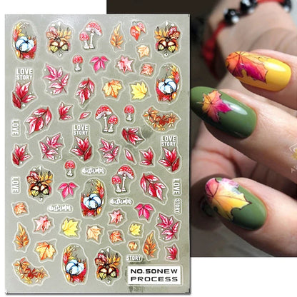Autocollants 3D pour ongles Hiver Automne Feuilles dorées Roses Rouges Fleurs Décalcomanies pour la décoration des ongles Salon de manucure Beauté