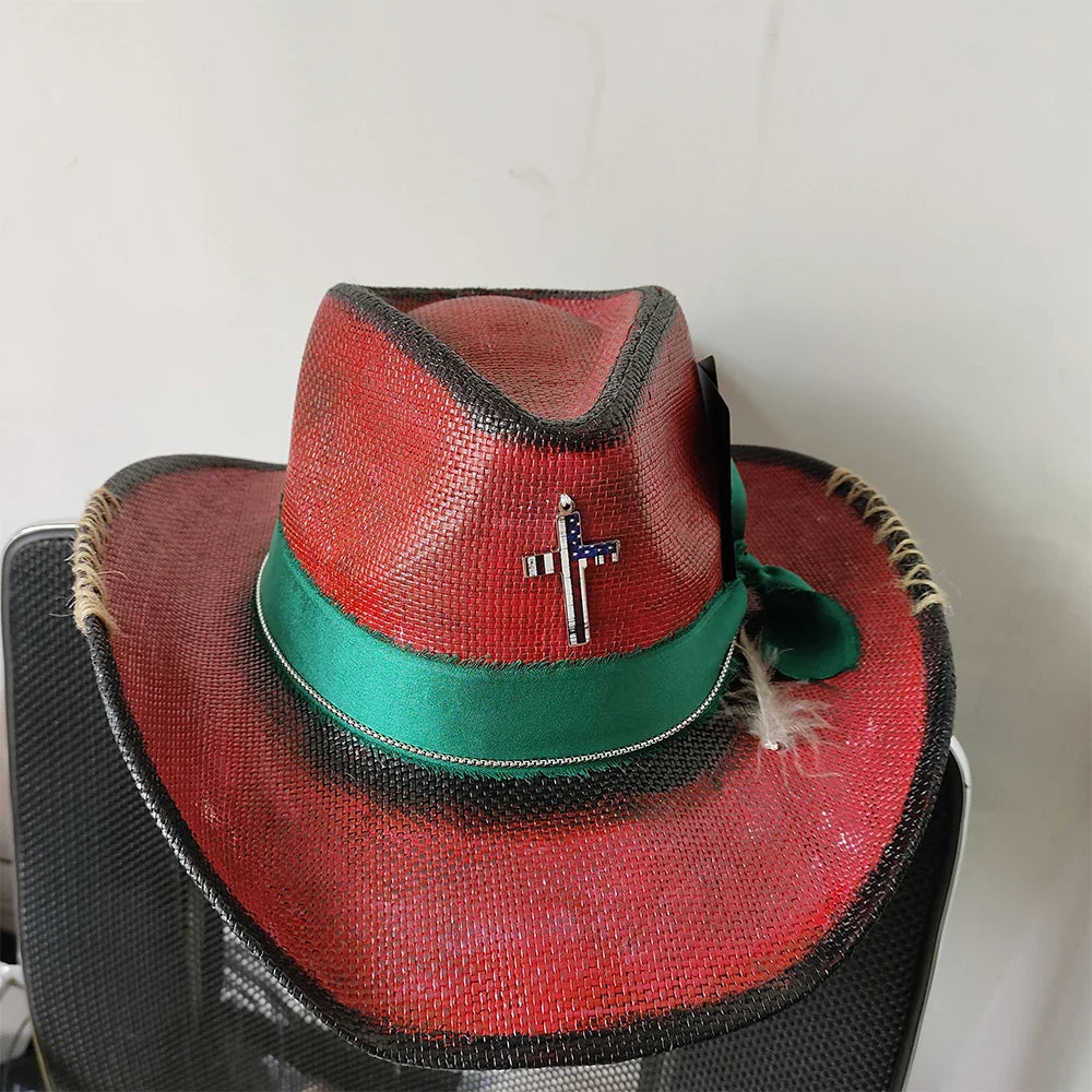 Cowboy hat summer straw hat unisex cowboy hat jazz cowboy straw hat wide brim hat spray paint custom hat party cowboy hat