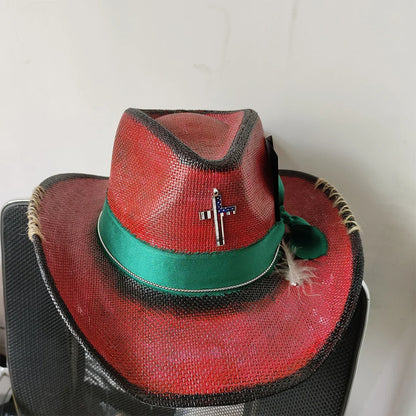 Cowboy hat summer straw hat unisex cowboy hat jazz cowboy straw hat wide brim hat spray paint custom hat party cowboy hat