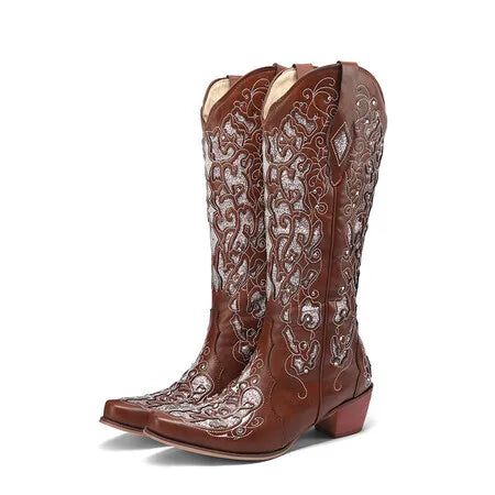 Women Embroidered White Western Cowboy Boots Block Heel Pull-On Pointed Toe Crystal Cowgirl Booties