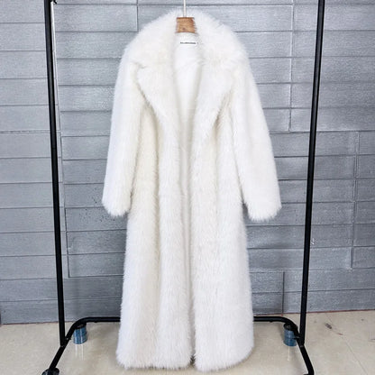 Manteau long en fausse fourrure pour femmes, automne hiver, grande taille, col rabattu blanc, poches, épais et chaud, manteau long maxi
