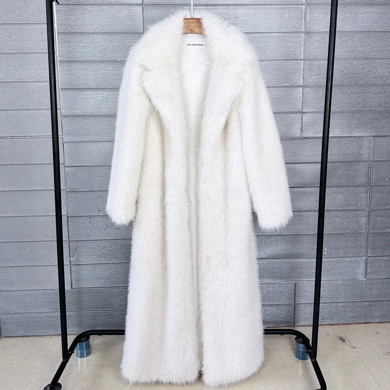 Manteau long en fausse fourrure pour femmes, veste surdimensionnée d'automne-hiver, col rabattu blanc, poches, manteau épais, vestes chaudes, manteaux maxi