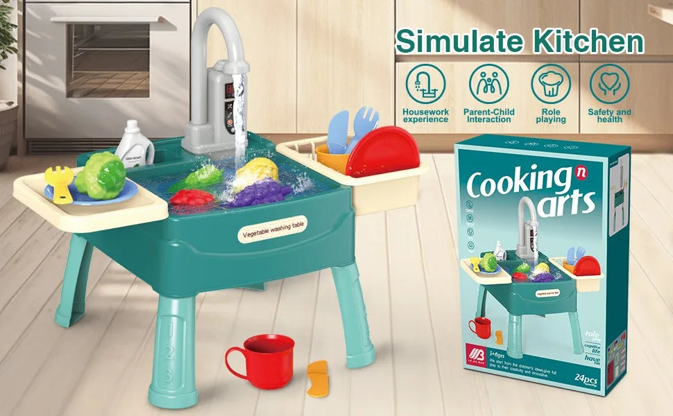 Jouets de jeu pour enfants à la maison Éducation précoce Simulation de cuisine Lave-vaisselle électrique Table de lavage de légumes avec sortie d'eau