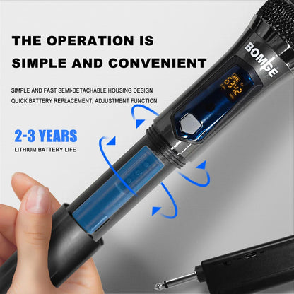 BOMGE Microphone à main sans fil, système de micro dynamique double sans fil avec récepteur Rechargeable 1800MAh pour karaoké