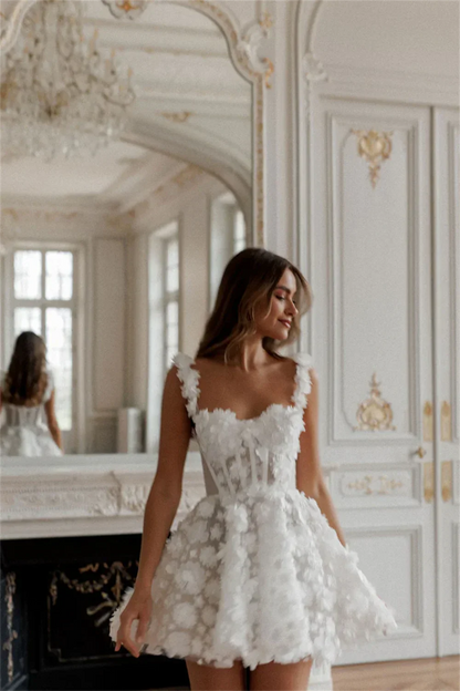 Amanda Custom White Short Evening Dress, Floral Lace, Embroidered, Lace-Up, Spaghetti Straps, Party Wear