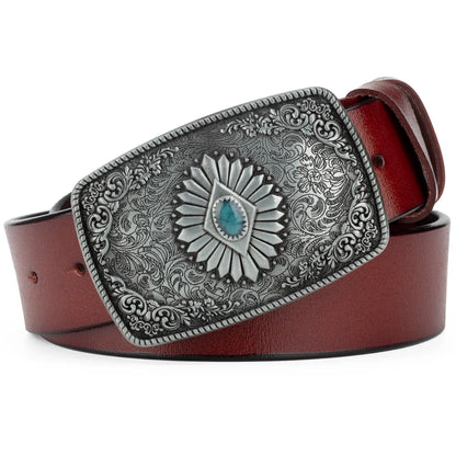 Ceinture classique en cuir véritable avec boucle émail saphir et motif floral sculpté en argent pour femmes et hommes, cadeau