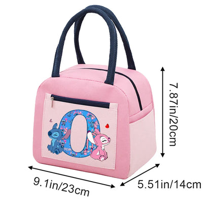 Anime Stitch High-capacity Lunch Bag Cartoon Letter A-Z Printed Insulated Box Picnic Portable Food Keep Fresh Handbag Bento Bags