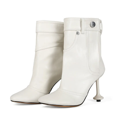 European and American Alien and Square Head Splicing Design Water Washed Cowboy Boots for Women's Trendy Side Zipper Short Boots