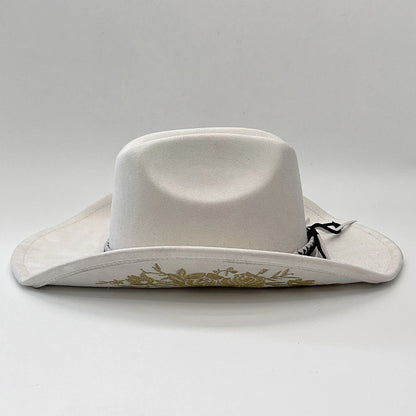 Retro Suede Cowgirl Hat for Women and Men, Floral Embroidery Wide Brim Western Cap Jazz Hat Cowboy Hats