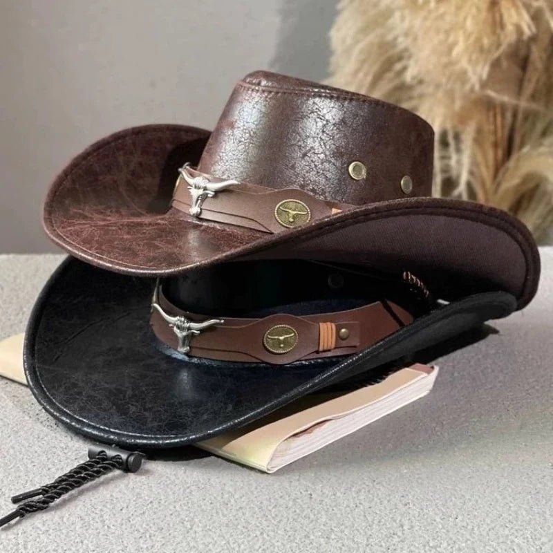 Fashion High Quality Retro Cow Head Decorate Western Cowboy Hat Faux Leather Gentleman Jazz Hats Men Panama Cowgirl Hat
