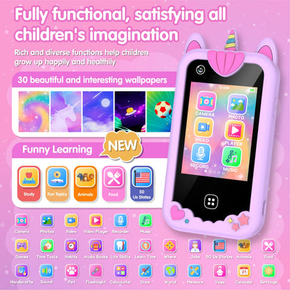 Téléphone intelligent pour enfants Filles Garçons Jouets Téléphone portable Double appareil photo Lecteur de musique 17 jeux Téléphone d'apprentissage pour tout-petits Cadeaux d'anniversaire