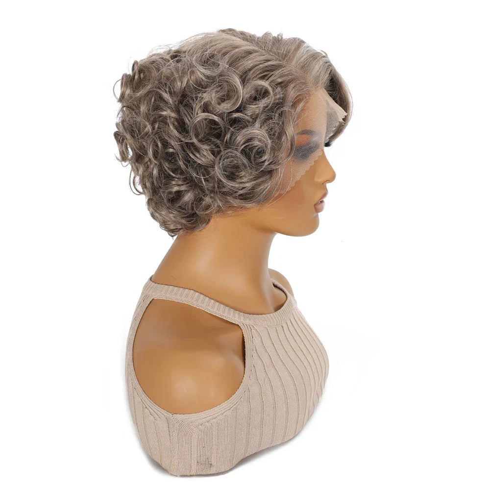 10 Inch Short Curly Wavy Blonde Black Grey Synthetic Wig for Women Natural Look T-Part Lace Front Hair Replacement