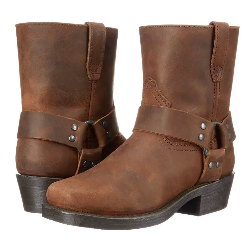 Retro Cowboy Boots Men Mid Calf Western Boots Mixed gender Leather Boots Man Slip On Shoes Winter Knight  Booties Size 48