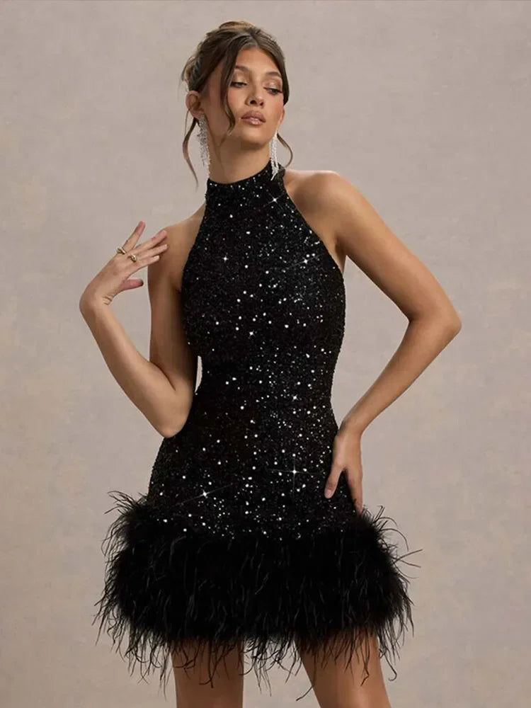 Robe élégante en Patchwork de plumes et de paillettes, col licou, sans manches, épaules dénudées, taille cintrée, Slim, Robe de soirée pour dames