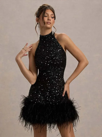 Robe élégante en Patchwork de plumes et de paillettes, col licou, sans manches, épaules dénudées, taille cintrée, Slim, Robe de soirée pour dames